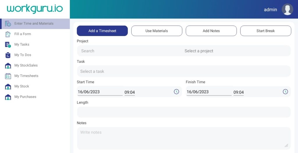 WorkGuru Kiosk Timesheet Entry Screen