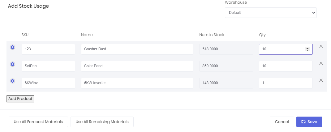 Stock Usage screenshot - WorkGuru