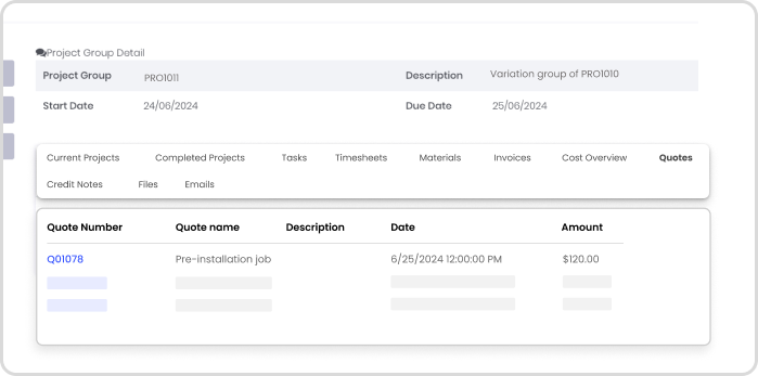 WorkGuru project variations software dashboard for tracking scope changes and approvals.