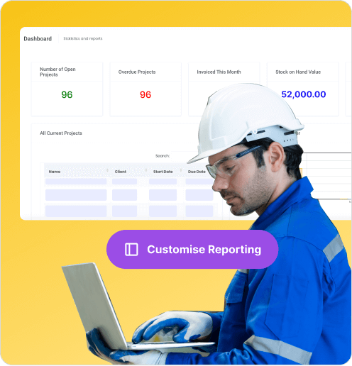 Engineer using a laptop with a project management dashboard in the background displaying open projects, overdue tasks, invoices, and stock value.