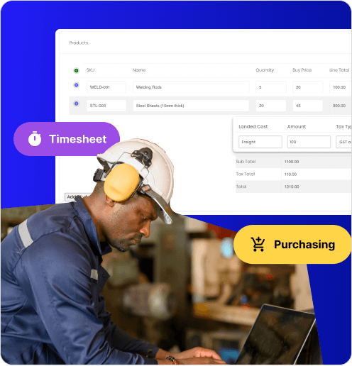 Worker using a laptop in a workshop with a cost management dashboard in the background, showing timesheets, purchasing, and landed costs.