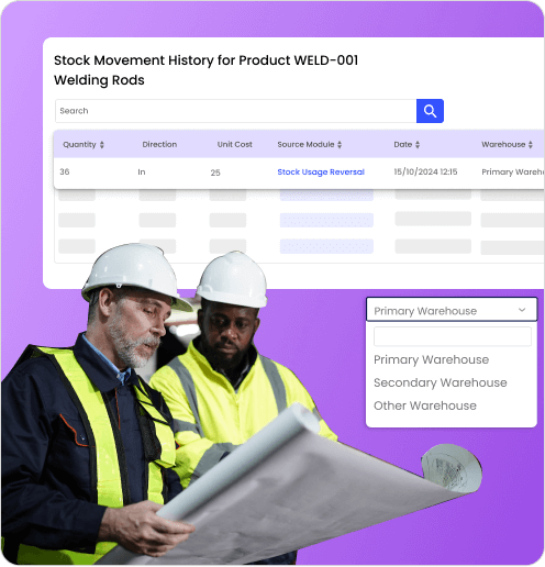 Construction managers reviewing plans with a stock management dashboard in the background, displaying stock movement history and warehouse selection.